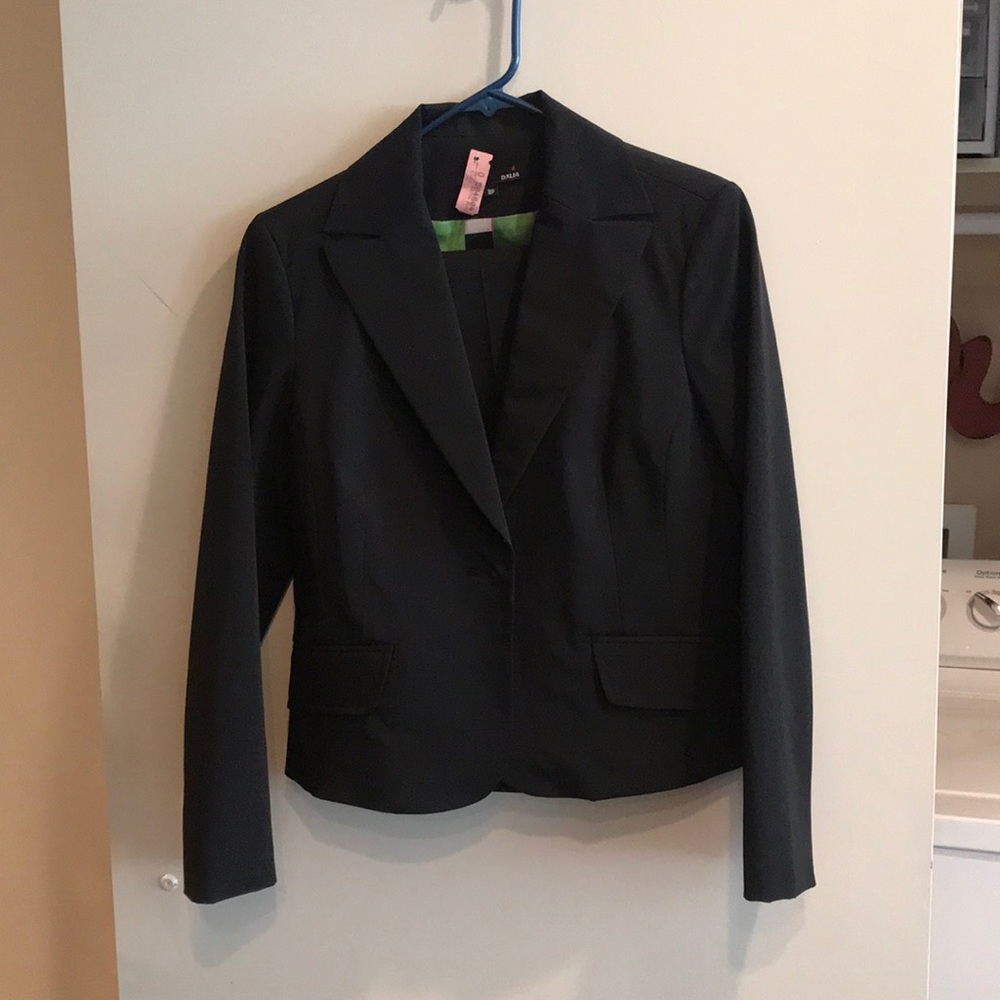 Black and multi color jacket and pant suit